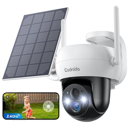 Codnida 2K Câmara de vigilância WiFi exterior bateria com placa solar, PTZ 360° câmara de segurança sem cabo, deteção de movimento PIR, alarme de luz e som, visão noturna cor, áudio bidirecional, Q02