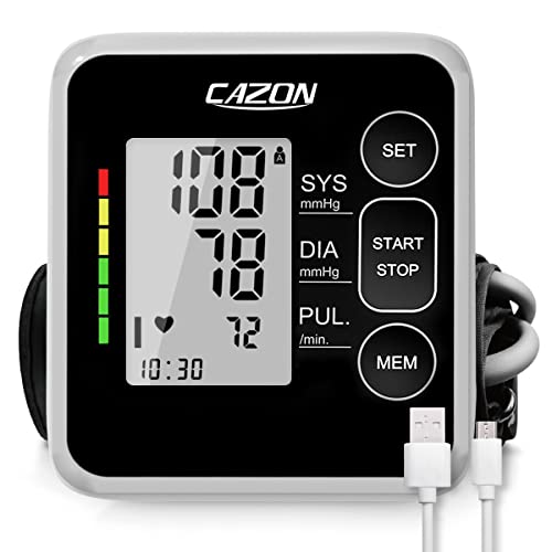 CAZON Tensiómetro de braço, monitor de pressão arterial para uso doméstico. Detector eletrónico de frequência cardíaca com bracelete 22-40 cm, memória 2 x 120 (preto)