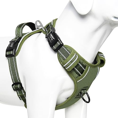 HEELE Arnês para cão, arnês anti-tração refletor, arnês para cão médio grande com alça acolchoada, 1 fivela na correia reta do pescoço, fácil de colocar e tirar, verde, L