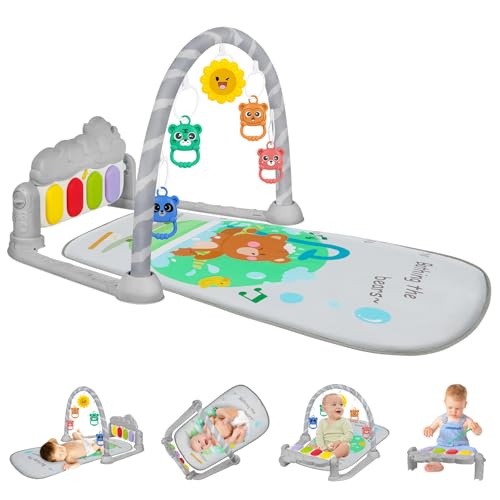 AOMIG Ginásio de jogos para bebé, manta de jogo para bebé com piano com 3 sons e 5 acessórios, motivo dos animais, tapete de jogos para bebés de 0 a 24 meses, tapete de piano ginásio para bebés