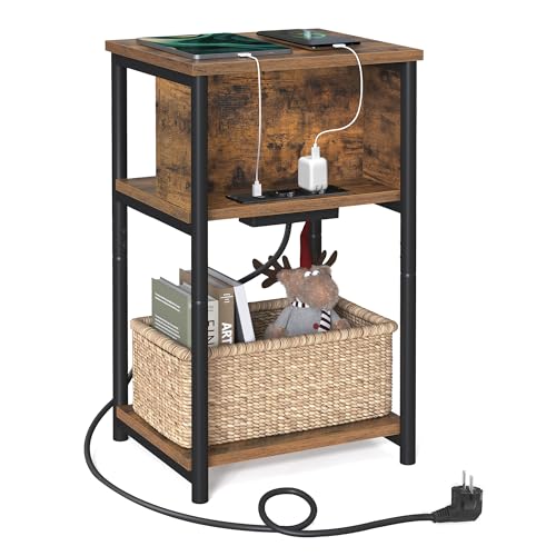 VASAGLE Mesa auxiliar com tomada, mesa de cabeceira com 2 entradas CA e 2 portas USB, 30 x 34 x 58 cm, para sala de estar, quarto, castanho rústico e preto LET375B01
