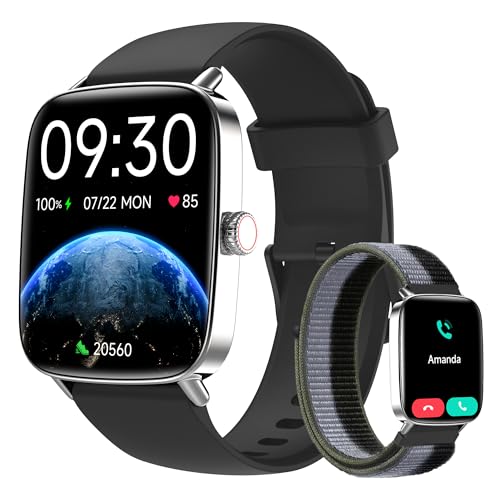 Yoever Relógio inteligente mulher homem, 1,85" Smartwatch com chamadas e Whatsapp notificação, SpO2/Pulsómetro/sonho/podómetro, 110 modos de desporto, 2 correias, IP68 para Android iOS preto