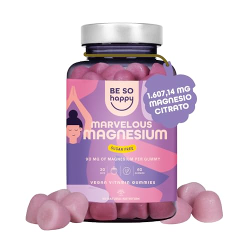 Magnésio gominolas, 1607 mg Citrato de magnésio com 180 mg magnésio elemental. 60 Gummies, sem açucar, sabor frutos vermelhos. Reduz o cansaço e a fadiga. Vegan. Marvelous Magnesium BeSoHappy