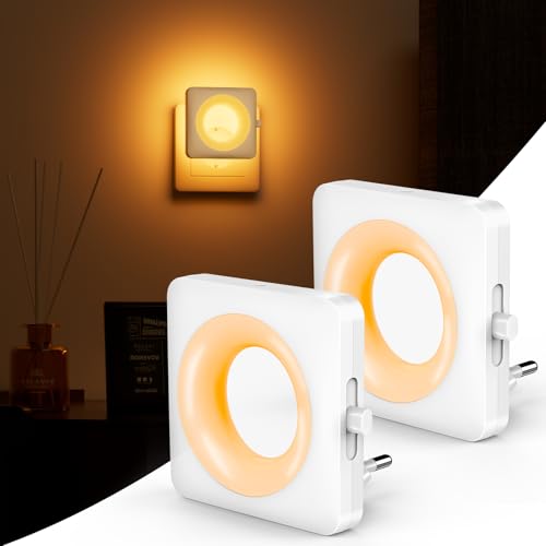 Luz noturna infantil 1800 K âmbar, 2 unidades LED atenuação contínua luz noturna tomada ON/OFF automática com sensor repuscular incorporado baixo consumo para quarto, corredor, escadas e casa de banho