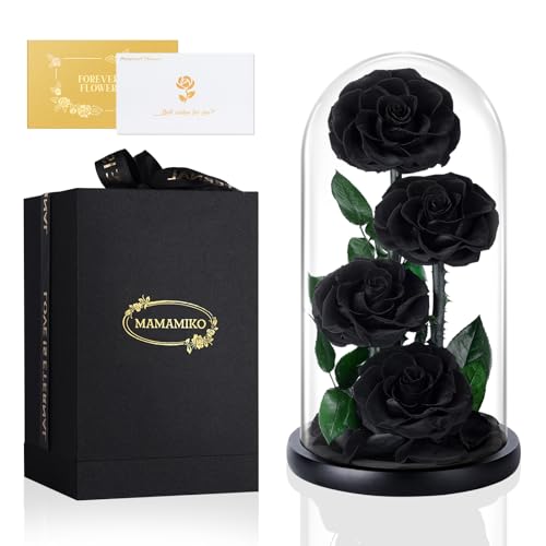 4 Rosa Eternas em cúpula de Crista, flores naturais, rosa eterna natural preservada, ideias naturais rosas presentes para o dia da mãe, dia dos namorados, aniversário, mulher, mãe, namorada (preta)