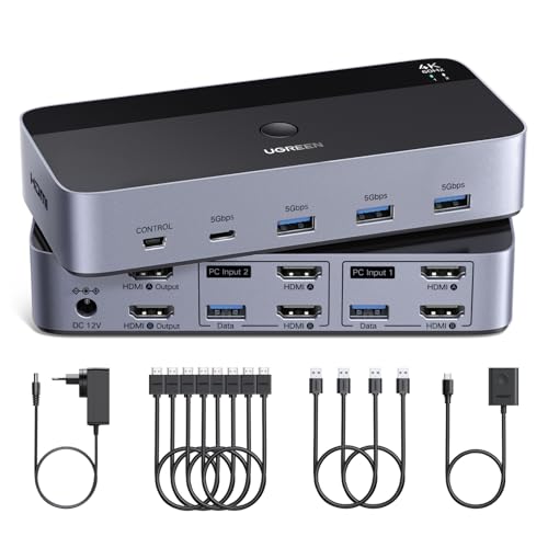 UGREEN Switch KVM HDMI 2.0 2 entradas 2 saídas 4K 60 Hz interruptor KVM para 2 unidades com 4 portas USB 5 Gbps para teclado rato disco rígido controlador de secretária compatível com Windows Linux