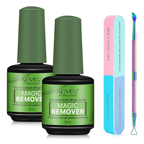 Removedor esmalte gel embalagem de 2 com empurrador de cutícula e lima de unhas, removedor de esmalte semipermanente, permanente para unhas, elimina facilmente e rapidamente o esmalte em 3-5 minutos,