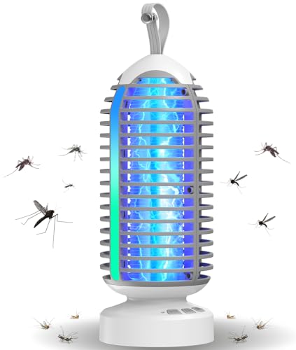 Dnenellr Candeeiro anti-mosquitos exterior 4 em 1, 4000 mAh mata mosquitos elétrico recarregável USB, 3000 V, IPX5 impermeável, moscas elétrico para varanda, campismo, interiores e exteriores
