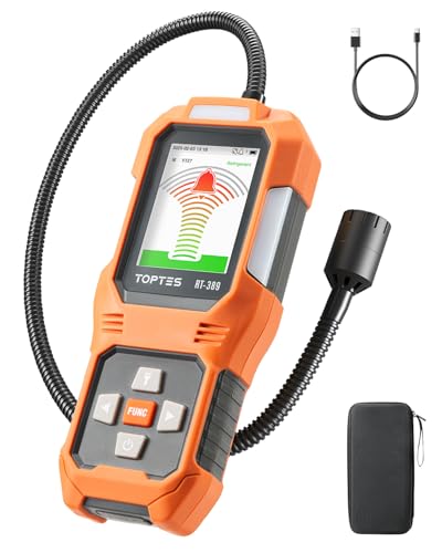 TOPTES RT-389 Detector de fugas de refrigeração recarregável, detetor de fugas de freon com 3 modos de sensibilidade e 3 tipos de alarme, para CFC HCFC HFO HC para carro, casa e indústria, laranja