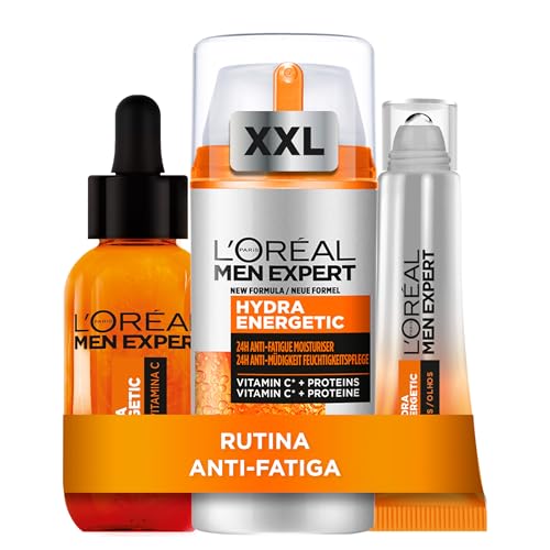 Rutina L'Oréal Men Expert Creme hidratante anti-fadiga 24 h Hydra Energetic creme facial 100 ml soro vitamina C anti-fadiga 30 ml contorno de olhos roll-on 10 ml