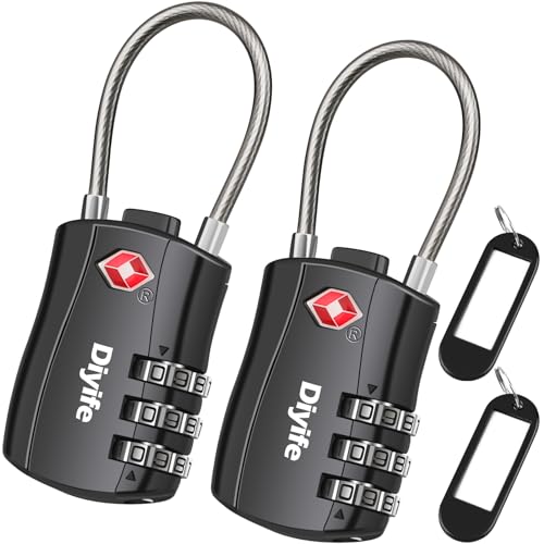 Cadeados para bagagem, [nova versão] Diyife 2 X TSA cadeado de segurança de 3 dígitos, cadeados de combinação para malas viagem mochila de bagagem (preto)