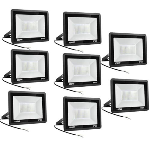 Niserelesa 8 unidades - holofotes LED para exterior, 100 W, IP66, projetor de lâmpada impermeável, branco frio, 6500 K, 1000 Lumen Floodlight para casa, garagem, pátio, terraço, campo