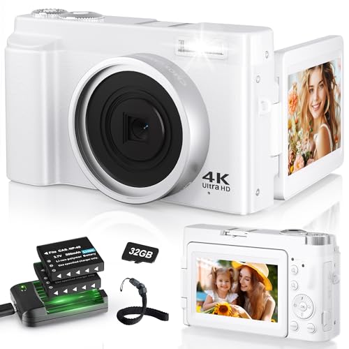 Câmara digital 4K, câmara fotográfica com foco automático de 48 MP 16 X Zoom, LCD Vlog compacta fotográfica HD com estação de carregamento, baterias 2 * 800 mAh, cartão de 32 GB para iniciantes,