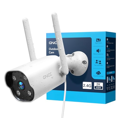 GNCC Câmara de vigilância WiFi exterior 2K GT1PRO para domicílio, visão noturna IR, impermeável IP65, detecção AI, sereia, áudio bidirecional, cabo de 3 m, compatível com Alexa e WiFi de 2,4 GHz