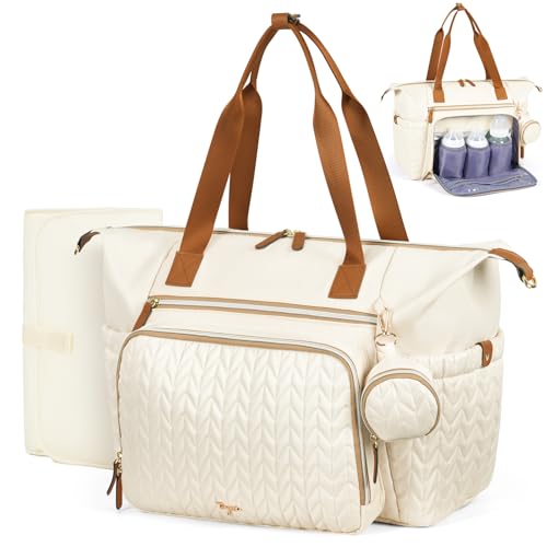 Tonyeee Saco de fraldas, sacos de tiracolo sacos de fraldas grandes impermeáveis, bolsa de hospital para partos, bolsa para bebé com estojo de chupeta, bolsa de viagem para fraldas com trocador, Bege