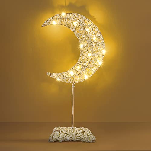Lewondr Candeeiro de mesa decorativo, candeeiro de mesa de cabeceira a bateria de metal em forma de lua Ramadão com laço, luzes LED adorno de Natal para quarto sala sala de estar quarto varanda festa,