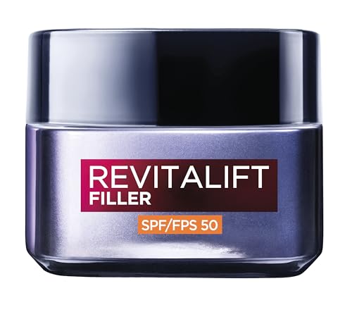 L'Oréal Paris Creme de dia de enchimento com proteção solar SPF 50 Revitalift Filler, anti-idade e anti-rugas, com ácido hialurónico concentrado, acabamento não gordo, 50 ml