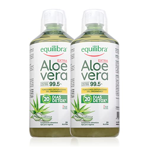 Equilibra Suplementos dietéticos, aloé vera extra de 99,5%, suplemento de aloé vera para beber puro ou diluído, sem loína, Detox polpa pura sem água adicionada, produto vegan sem glúten, 2 peças de 1