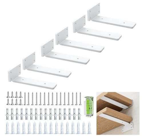Suporte para prateleira de 15 cm (0,4 cm) de espessura, 6 unidades flutuantes, suportes ocultos para estantes industriais rústicas com acabamento moderno em ferro, cor branca