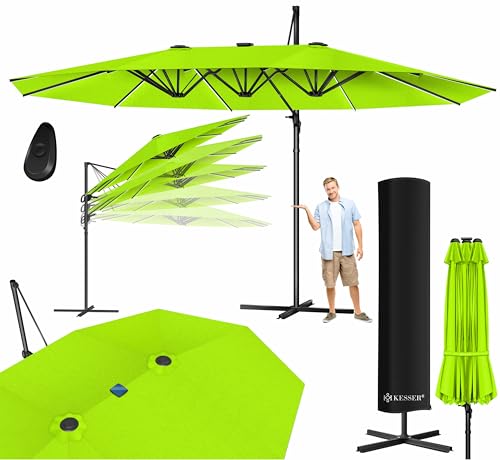 KESSER® Guarda-chuva, 4,6 m x 2,7 m, cobertura e proteção contra o vento, com manivela e suporte, alumínio, hidrofuga, inclinável, orientável 360°, verde claro, com LED, Verde claro