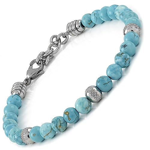 10:10 Pulseira com pedras turquesa de 6 mm, contas de aço inoxidável, pulseira muito resistente feita na Itália., Pedra, Turquesa