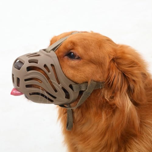 ETONSUNNY Bozal cão, boçal de silicone macio para cães, anti-mordida, anti-barking, anti-mastigar, design respirável, adequado para treino de cães grandes e agressivos (castanho, L)