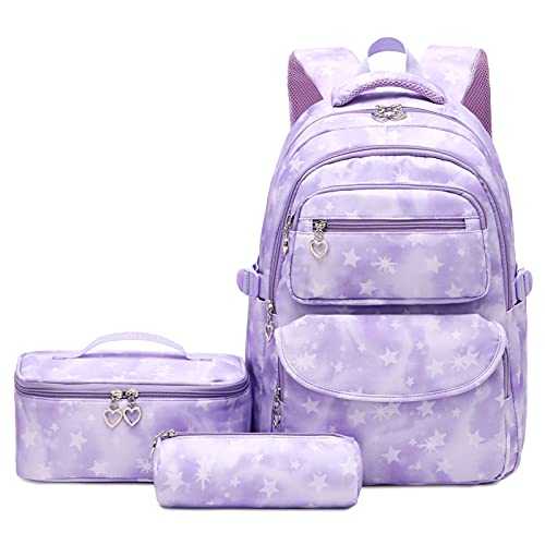 SIVENKE Conjunto de mochila escolar com lancheira, estojo para lápis, conjunto de 3 bolsas para livros estrelas mochilas escolares mochilas infantis 8 10 12 14 16 anos 3 peças conjunto de mochila