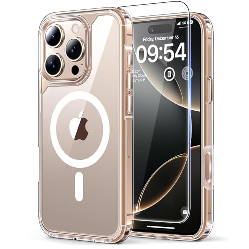 TAURI Para capa iPhone 16 Pro, compatível com MagSafe [sem amarelo] com protetores de ecrã, proteção de grau militar, capa magnética para iPhone 16 Pro 6.3", transparente