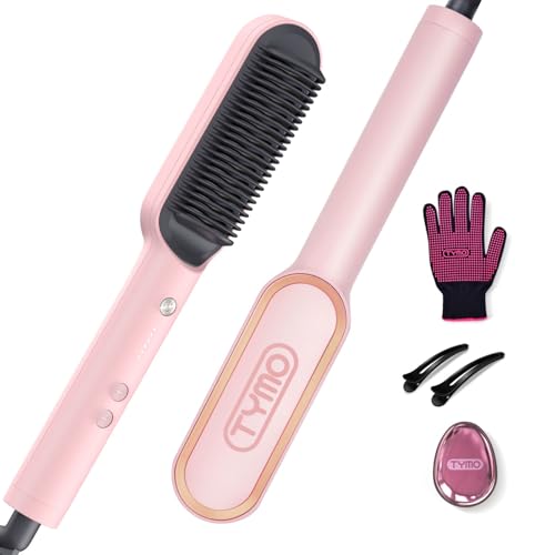 TYMO RING Escova alisadora de cabelo, PTC 25 s de aquecimento rápido, revestimento cerâmico, 5 temperaturas reguláveis, 130 - 210 °C, proteção anti-queimaduras, desligar automaticamente, rosa, 180 cm