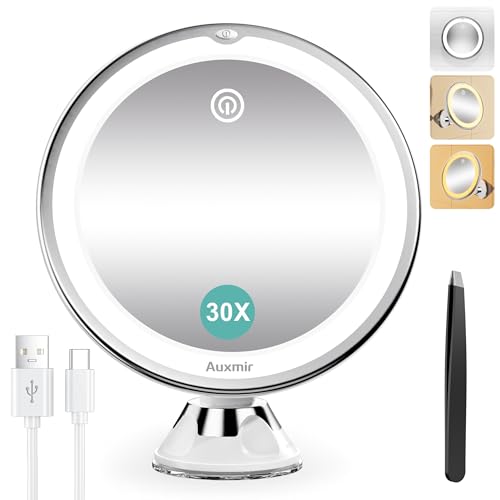 Auxmir Espelho de maquilhagem com luz LED, 30 x espelho de aumento com ventosa, USB recarregável, 360 rotativo, 3 cores de luz, sem fios para parede casa de banho viagem, barbear depilação