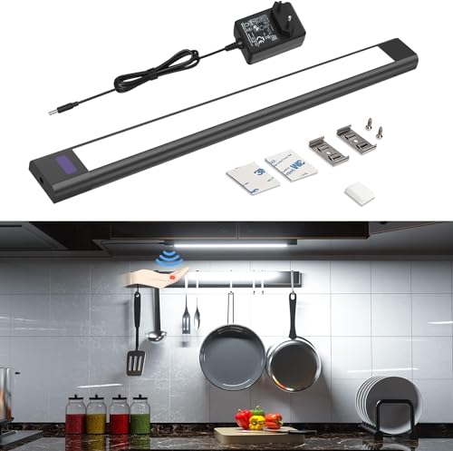WOBANE Luz LED cozinha baixo móvel preto, 30 cm regulável barra luz armário com sensor sem contacto, luzes de cozinha debaixo do móvel tomada, luz LED autocolante para bancada cozinha, branco frio