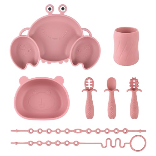 Conjunto de louça para bebé de silicone com ventosa, 8 peças, conjunto de refeições para crianças, incluindo antiderrapante prato, tigela, caneca, 3 colheres e 2 alças de segurança, sem BPA (rosa)
