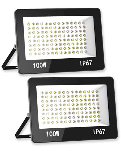 HAPYLUMI Focos LED para exterior, 100 W, 2 peças 10000LM Foco LED Floodlight 6500 K, branco frio, projetor LED exterior IP67 impermeável para jardim, pátio, garagem