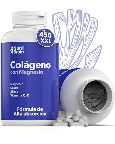 450 Cápsulas colagénio hidrolizado com magnésio | Bote XXL (6 meses), potenciado com cálcio e vitamina C para pele, articulações, cabelo, músculos, sistema imunitário e mais energia