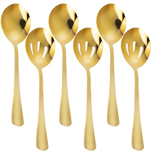 6 conjuntos de colheres de ouro de 22 centímetros, incluindo 3 colheres e 3 colheres de fenda, colheres de banquete de auto-serviço de aço inoxidável, conjuntos de louça de colher grandes