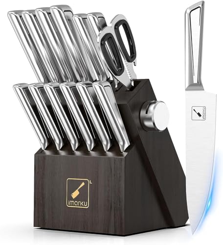imarku Conjunto de 14 facas de cozinha japonesas de aço inoxidável com bucha, afiador integrado e punhos ergonómicos antiderrapantes, presentes dia do pai
