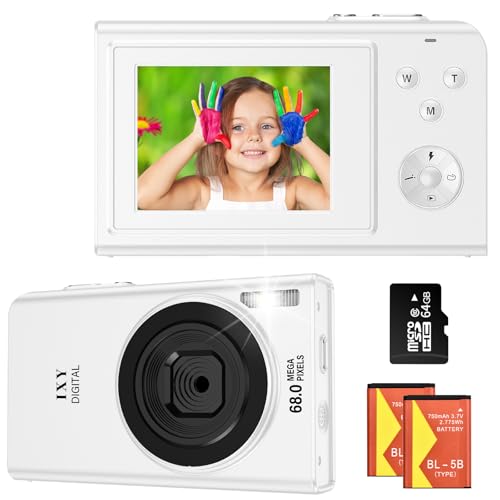 Câmara de fotos 68MP 4K câmara digital compacta com zoom 16X 2,4" LCD compacta portátil câmara com cartão 64 GB para crianças iniciantes adulto (branco)