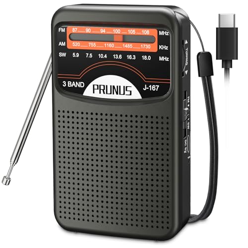 PRUNUS J-167 Am/SW/FM Rádio portátil pequeno recarregável, rádio transistor de bolso com excelente receção, carregamento USB-C, com entrada de auriculares, para corrida, caminhada, viagens.