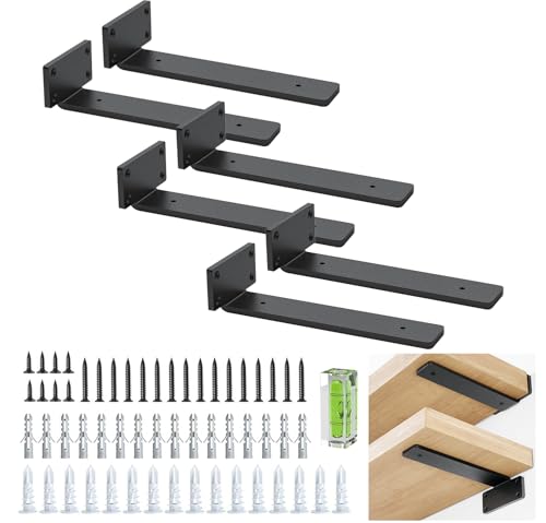 Esquadra de prateleira de 20 cm (0,4 cm) de espessura, 6 unidades flutuantes, suportes ocultos para estantes industriais rústicas, com acabamento moderno em ferro, cor preta