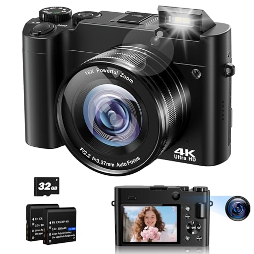 Câmara digital 4K, câmara fotográfica de 64 MP, câmara compacta câmara fotográfica selfie com foco automático, 16 X zoom, flash, cartão de memória 32G, 2 baterias para iniciantes