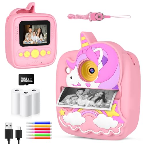 CHRERNA Câmara instantânea para crianças 3-12 anos com impressora, brinquedo educativo presente menina criança, 48MP HD/1080P câmara fotos infantis instantâneo com papel de impressão e cartão de 32G