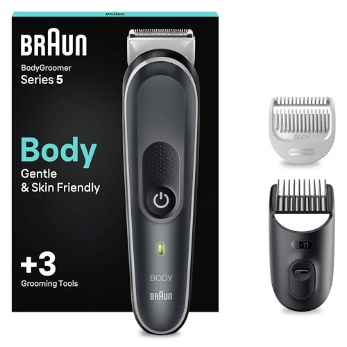 Braun Aparador corporal 5 BG5350, máquina de barbear corporal masculina com tecnologia SkinShield, pente para áreas sensíveis, máquina de barbear, lâmina de longa duração, cinzento / branco