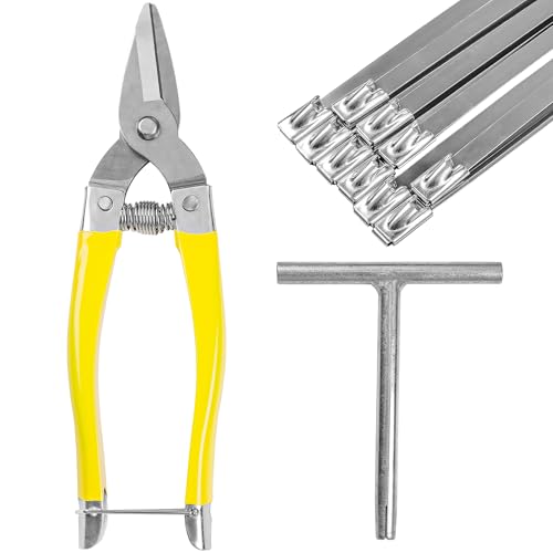 Tesouras para abraçadeiras e chave inglesa em forma de T, para esticar e cortar abraçadeiras de cabos de aço inoxidável, com 10 abraçadeiras de aço inoxidável em formato de 4,6 x 200 mm