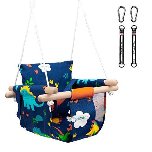 Katomi Padrão de dinossauro balanço para bebés, balanço de madeira para crianças cinto de segurança, balanço infantil e jardim para bebés em interiores e exteriores (estampado de dinossauros)