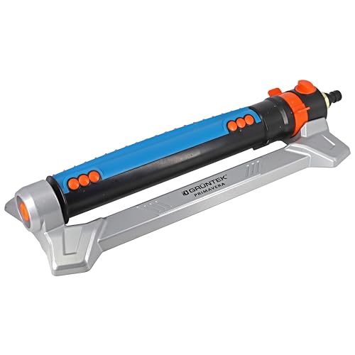 GRÜNTEK Aspersor rega relva oscilante automático. Aspersor de jardim de superfícies retangulares grandes e médias. Base em metal, cinzento e azul. 20 bicos ajustáveis.