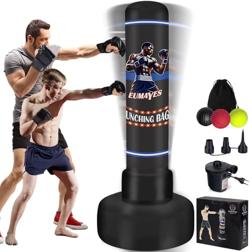Saco de boxe com suporte adulto, 180 cm saco de boxe de pé com bola de reflexos de boxe e bomba de ar elétrica, insuflável Kickboxing bolsa independente para treino MMA Muay Thai