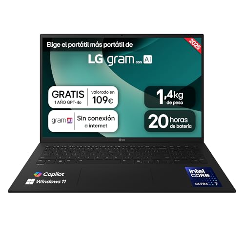 LG gram 17Z90T-G.AA78B portátil de 17 polegadas, WQXGA IPS, Intel Core Ultra7, 16 GB RAM, 1TB SSD, bateria até 20h, 1,350 g, antirreflexo, Windows 11, preto