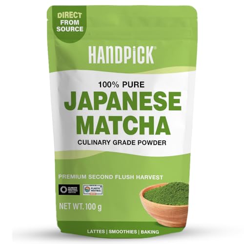 HANDPICK Chá verde mate japonês em pó | 100 g (100 peças) | Colheita Second Flush Premium | grau culinário, saco com fecho sintético, selado a vácuo para frescura