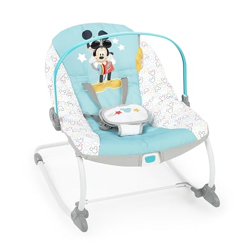 Bright Starts Disney Baby - Rede de baloiço Mickey Mouse original Bestie, cadeira com vibrações relaxantes, arco de jogo, 2 brinquedos, arnês de 5 pontos, azul, 0 a 30 meses até 18 kg
