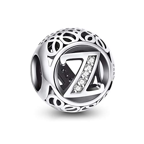 NINGAN A-Z 26 contas encantos pendentes de alfabeto contas prata de lei 925 com zircônia cúbica transparente compatível com pulseira Pandora e europeu, encantos de letra para mulher menina